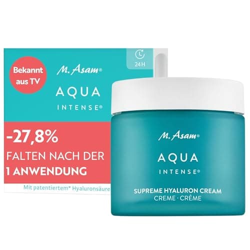 Türkiser Cremetiegel M. Asam Aqua Intense mit weißem Deckel vor Verpackung, weißer Hintergrund