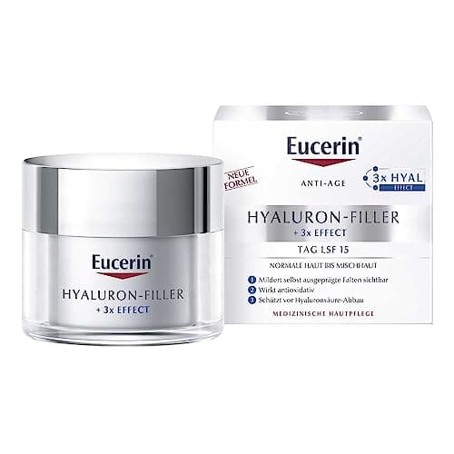 Weißer Eucerin Hyaluron-Filler Cremetiegel neben Faltschachtel vor weißem Hintergrund