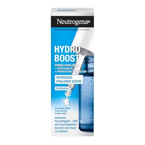 Faltschachtel Neutrogena Hydro Boost Hyaluron Serum in Blau-Weiß vor weißem Hintergrund