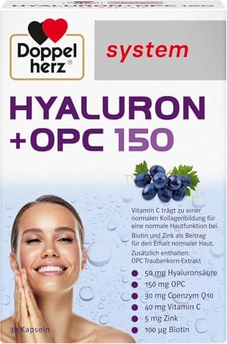 Verpackung Doppelherz system Hyaluron + OPC 150, 30 Kapseln, mit Trauben und lächelnder Frau