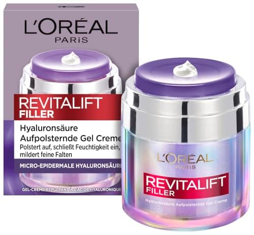 L'Oréal Paris Revitalift Filler Gel-Creme im violetten Tiegel neben Faltschachtel, weißer Hintergrund