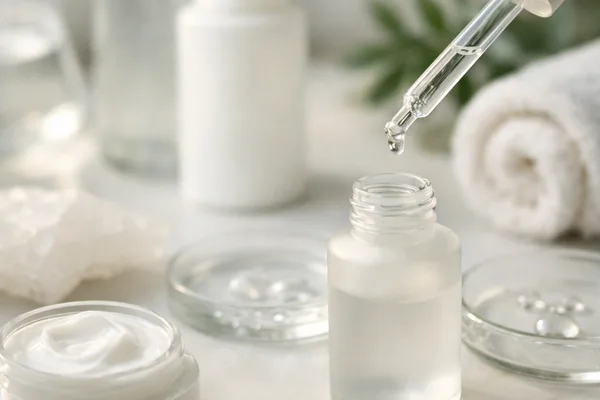 Pipette tropft Serum in offene Milchglasflasche, daneben Cremetiegel, Petrischalen und gerolltes Handtuch