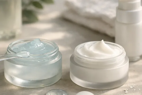 Zwei offene Glastiegel mit bläulichem Gel und weißer Creme, Handtuch und Pumpspender im Hintergrund
