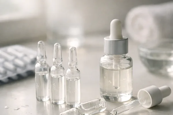 Vier Glasampullen und Serumflasche mit Pipette auf heller Fläche, Handtuch im Hintergrund
