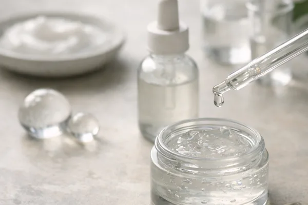 Pipette tropft Serum in offenen Glastiegel mit klarem Gel, Tropfflasche und Cremeschale dahinter