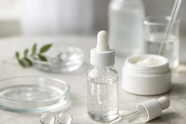 Serumflasche mit Pipette, Cremetiegel, Glasschalen und Zweig auf hellem Steintisch