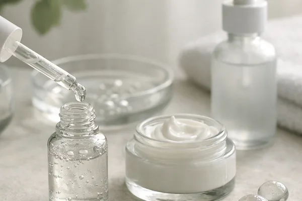 Pipette tropft klares Serum in Glasflasche, daneben offener Cremetiegel und Glaskugeln auf hellem Stein