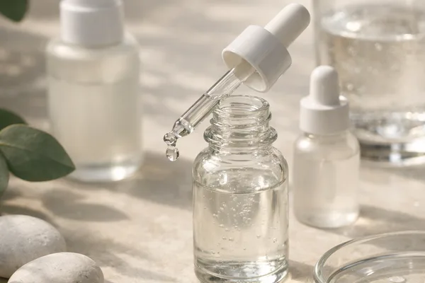 Geöffnete Serumflasche mit Pipette und Tropfen, daneben Spender, Steine, Wasserglas und Eukalyptusblätter