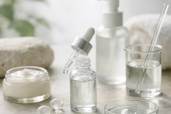 Serumflasche mit Pipette, Cremetiegel, Spenderflasche, Becherglas und Petrischale auf hellem Stein