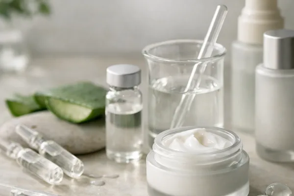 Offener Cremetiegel, Becherglas, Ampullen, Pipette und Aloe-Vera-Blätter auf hellem Stein