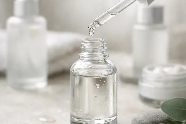 Pipette tropft klares Serum in offene Glasflasche, daneben Steine, Blätter und unscharfe Kosmetiktiegel